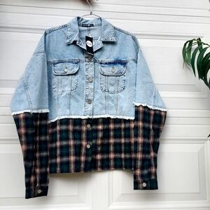 Boohoo Blue and Plaid Jean Jacket
